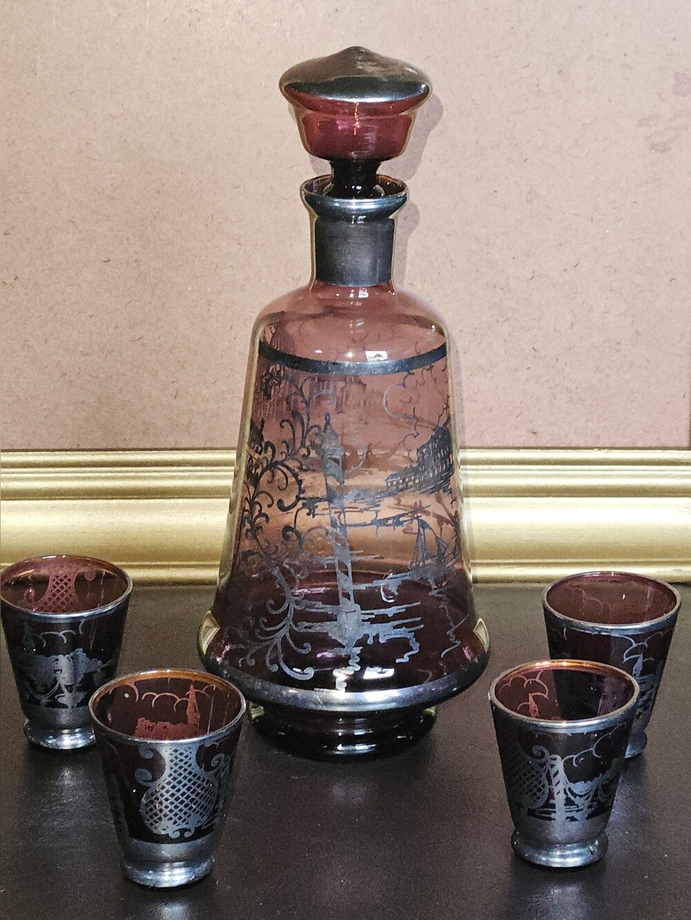 Vintage Murano Style Amethyst Silver Overlay Venetian Glass Decantet W/4 Glasses